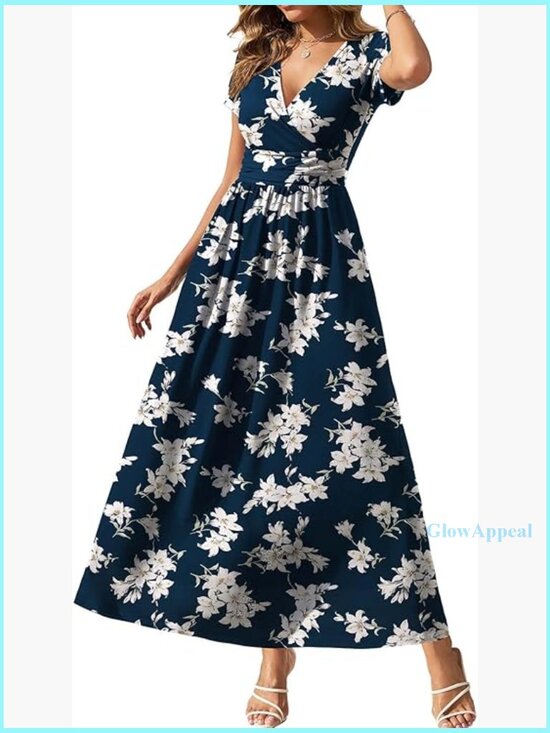 Dresses & Skirts - Short Sleeve Maxi Dress with V Neck Pockets Casual Summer Sundress